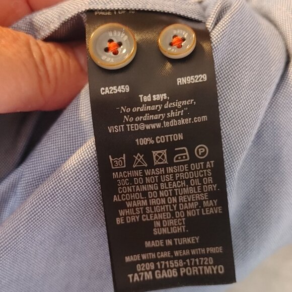 MEN'S TED BAKER  LIGHT BLUE BUTTON DOWN SHIRT SIZE 1 / XS - Picture 13 of 15